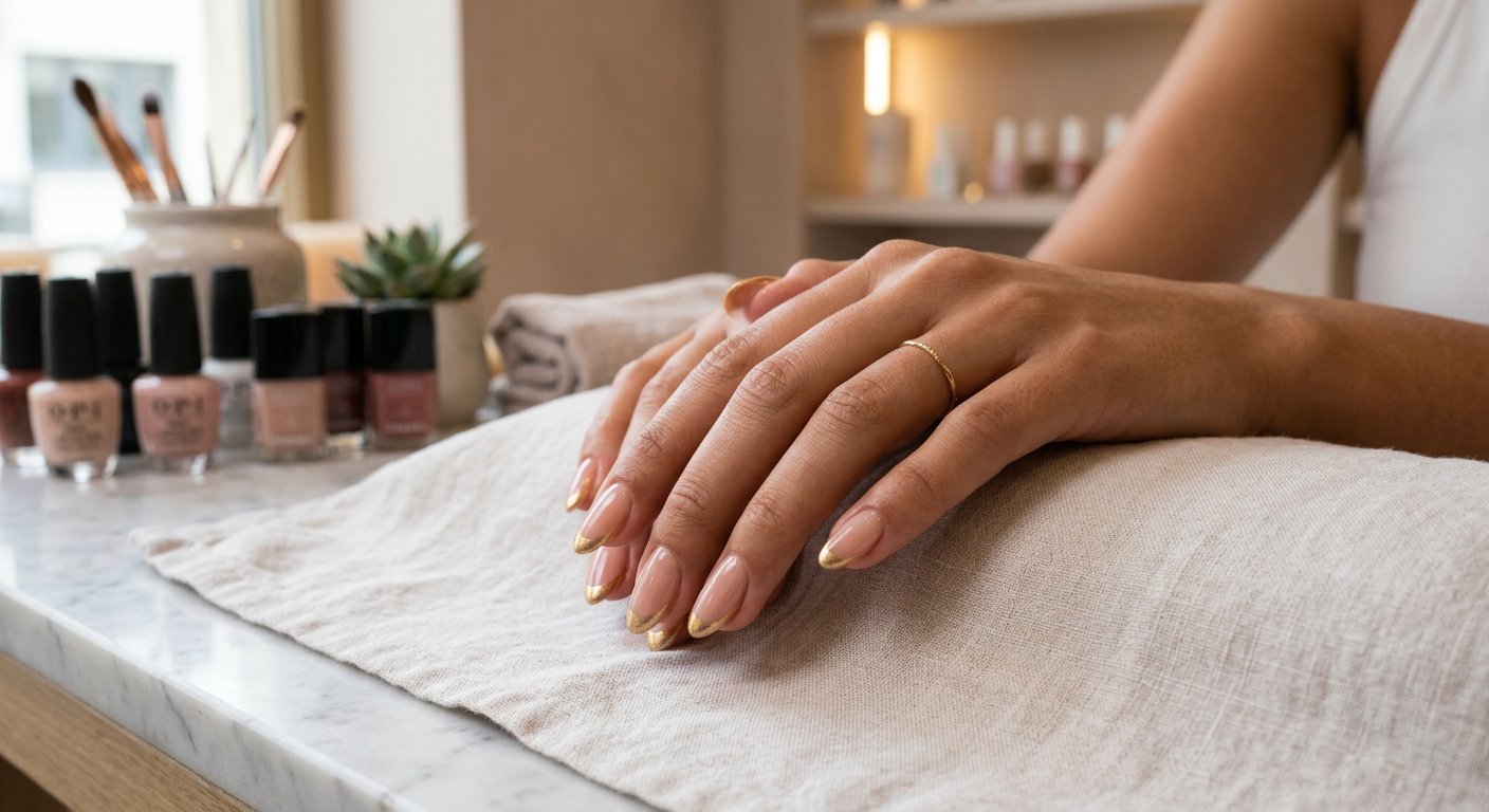 Nageldesign av Milla på Westlund – gellack med guldkant